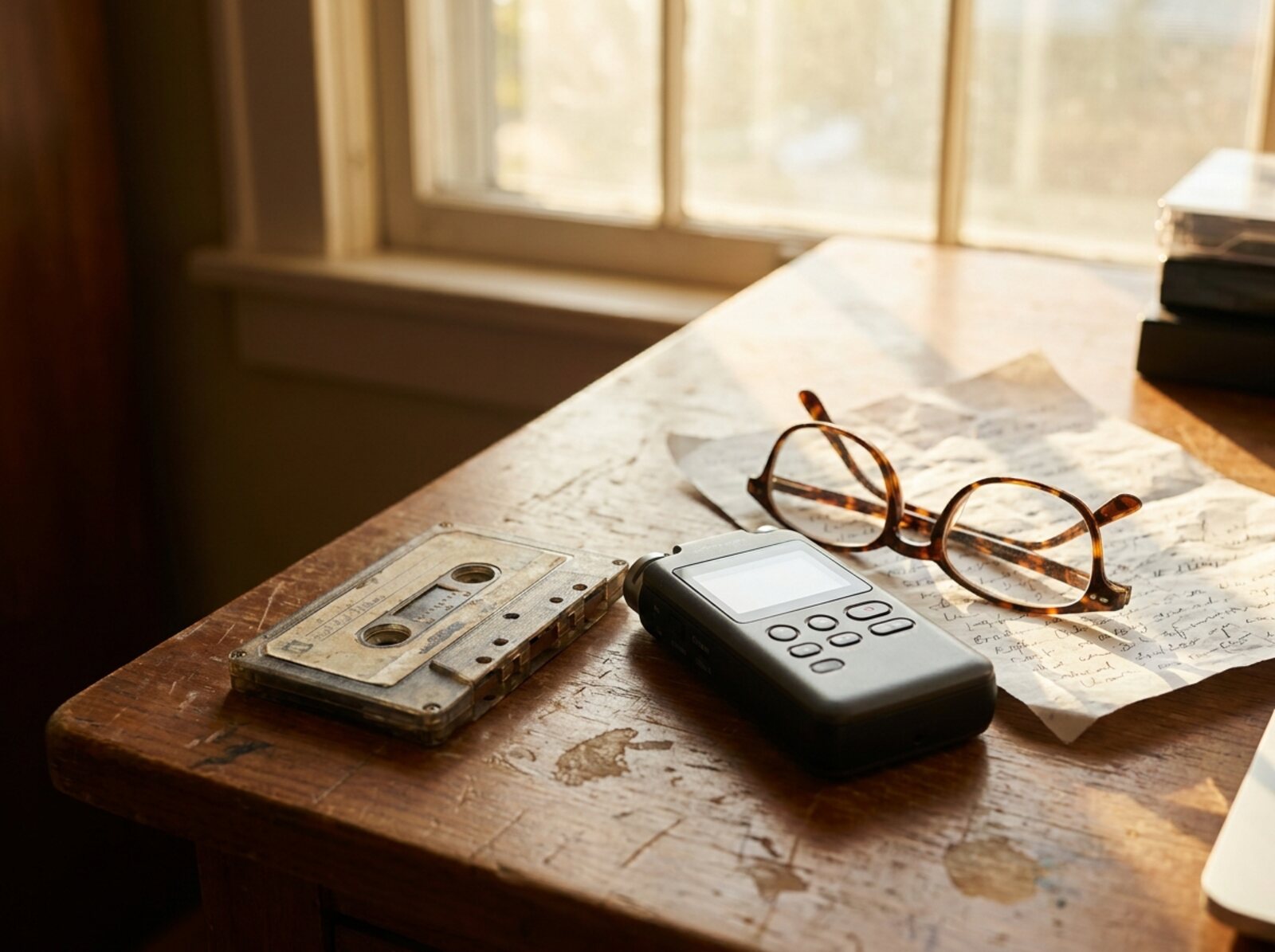An old cassette tape and a modern handheld audio recorder side by side on a wooden desk beside reading glasses and a handwritten cast list