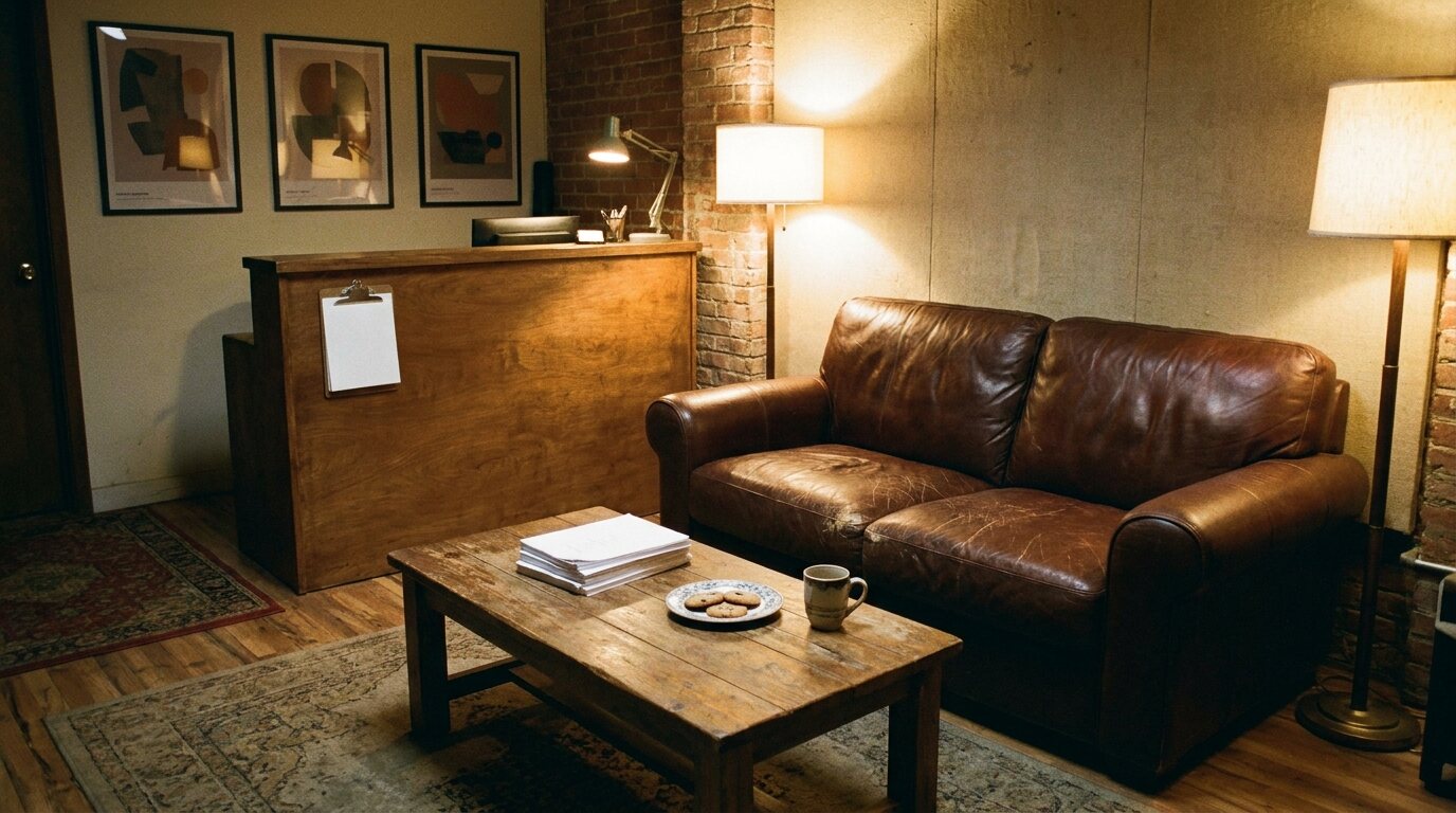 A quiet recording studio lobby with a worn brown leather couch, a coffee table with scripts and a plate of cookies, a wooden front desk with a clipboard and framed posters on the wall. © The Voice Realm