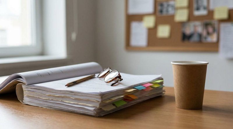 A tall stack of printed dubbing scripts with coloured tabs, reading glasses and a pencil resting on the top page, a paper cup of coffee, soft window light