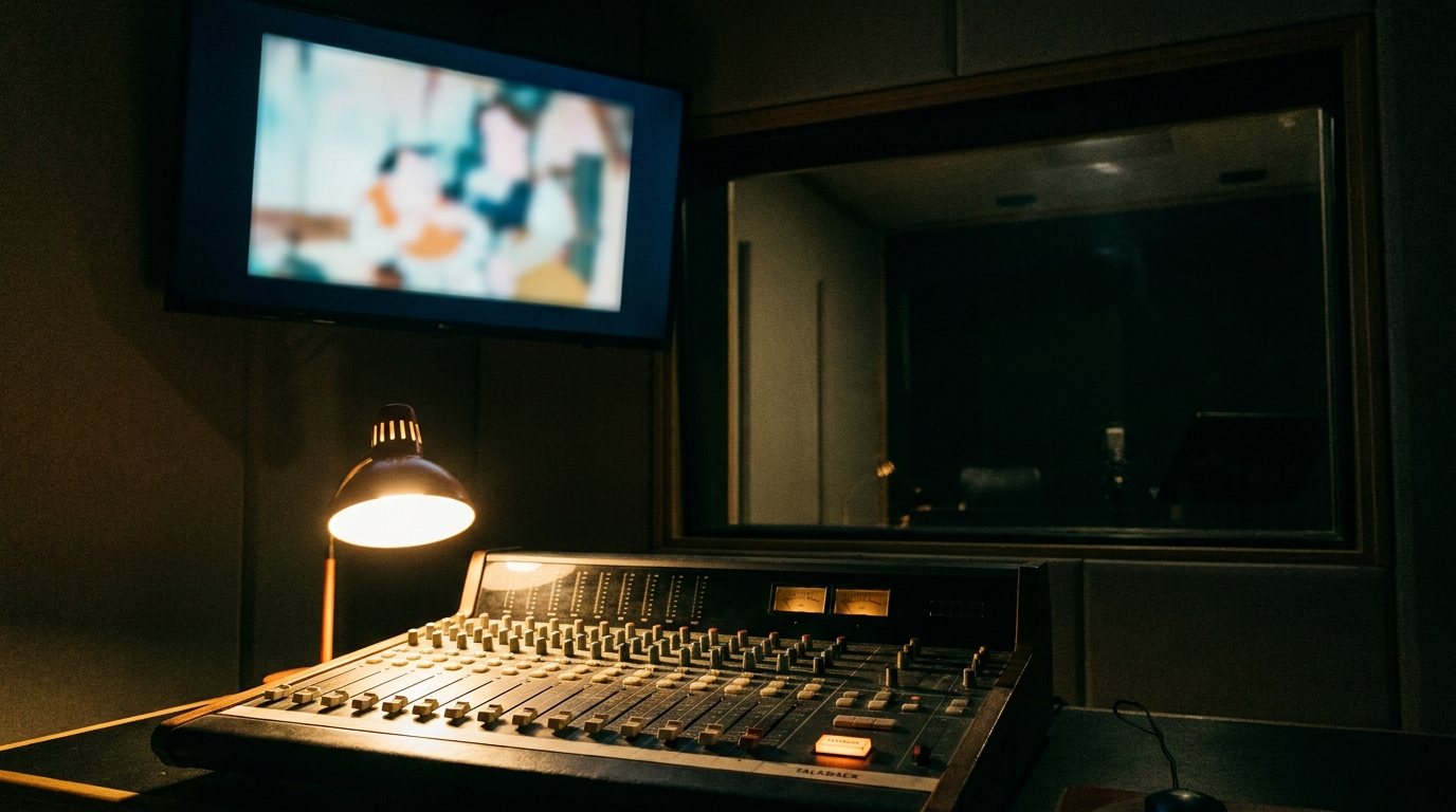 The director's side of a dubbing session: a mixing console under a desk lamp, a monitor showing a blurred frame of animation, and a dark empty booth through the glass