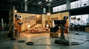 An empty telenovela set on a Mexico City studio floor, a lit living-room set surrounded by studio lights and a camera on a pedestal