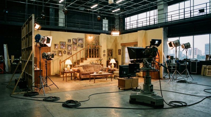 An empty telenovela set on a Mexico City studio floor, a lit living-room set surrounded by studio lights and a camera on a pedestal