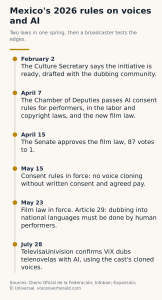 Timeline of Mexico's 2026 rules on voices and AI: February 2 initiative, April 7 and 15 votes, consent rules in force May 15, film law in force May 23, ViX confirms AI dubbing July 28