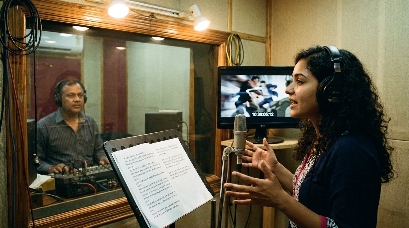 Una actriz de voz con audífonos actúa frente a un micrófono en un estudio de doblaje de Mumbai, con un guion en hindi en el atril y una escena animada en pausa en el monitor, y el técnico tras el vidrio. © The Voice Realm