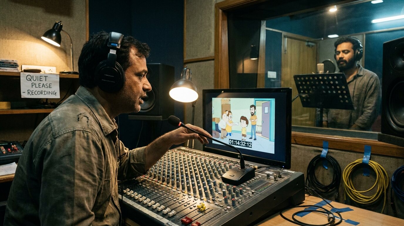 A dubbing director in headphones leans into the talkback microphone at a mixing console, an animated scene paused on the monitor and a voice actor in the booth beyond the glass. © The Voice Realm