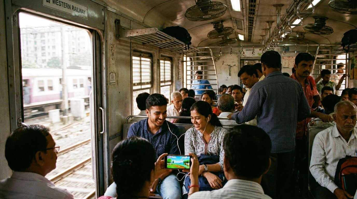 Dos estudiantes en un tren local de Mumbai lleno de gente comparten audífonos con cable y sonríen frente a una serie animada en un celular. © The Voice Realm