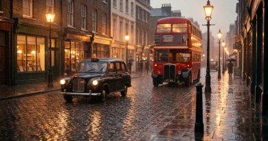 A rain-washed London street at dusk in the 1950s, a black taxi and a red double-decker bus under gas-style street lamps