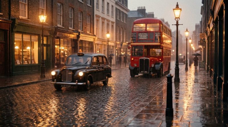 A rain-washed London street at dusk in the 1950s, a black taxi and a red double-decker bus under gas-style street lamps