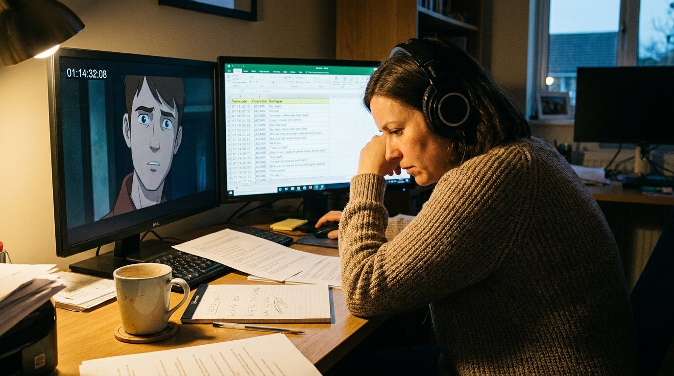 A script adapter in headphones studies a paused animated scene on one monitor and a timecoded script on another, with a mug and pencilled notes on her desk. © The Voice Realm