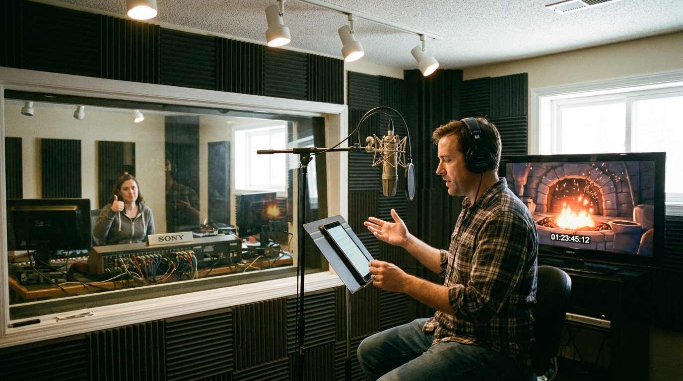 A voice actor in headphones performs at a studio microphone, reading from a tablet as a paused animated forge scene plays on a monitor, while his director gives a thumbs up behind the glass. © The Voice Realm
