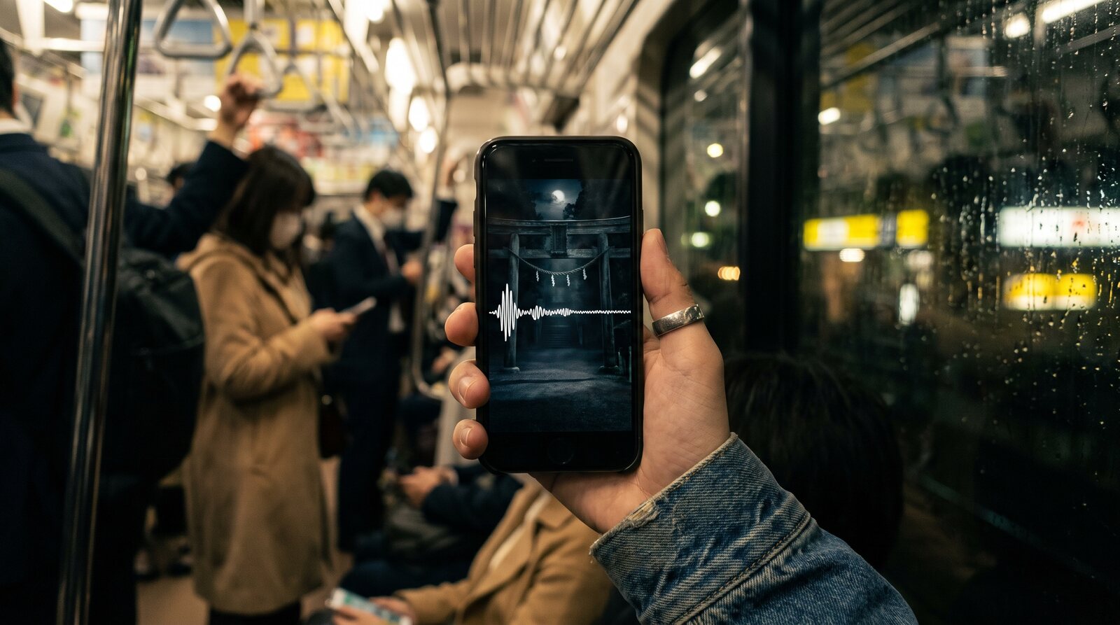 A hand holds a smartphone on a Tokyo commuter train at night, playing a short video of a shrine gate in the dark with a white sound wave across it. © The Voice Realm