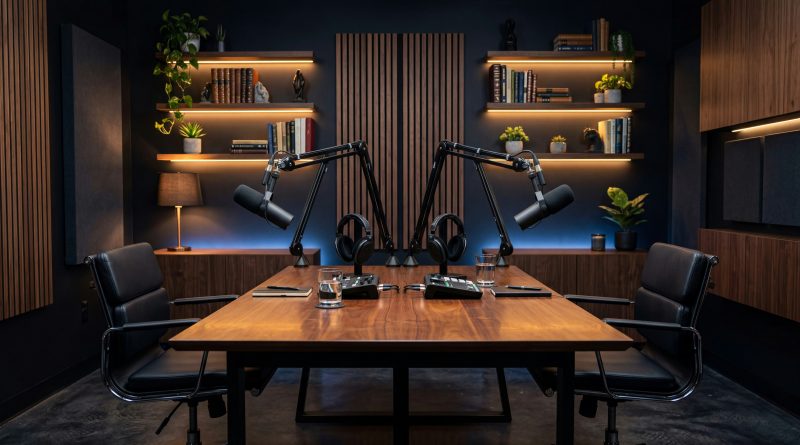 Professional audio recording studio with microphones and headphones
