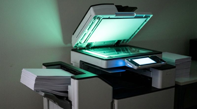 Una fotocopiadora de oficina en una sala oscura, con la tapa levantada y la barra del escáner encendida en verde, junto a una pila de hojas idénticas