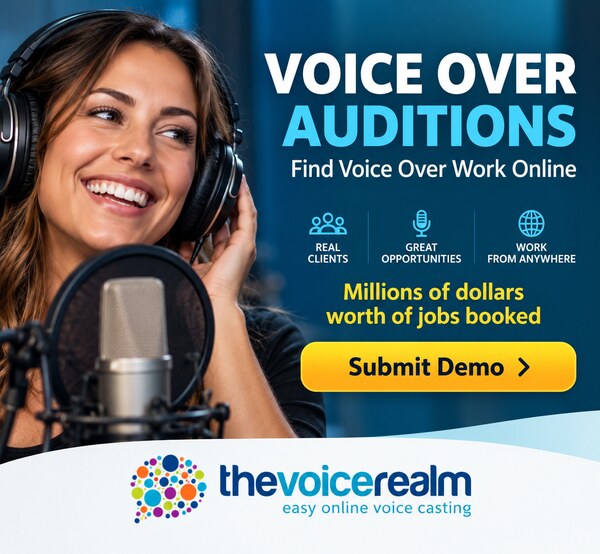 Voice over auditions: find voice over work online. Submit your demo at The Voice Realm.