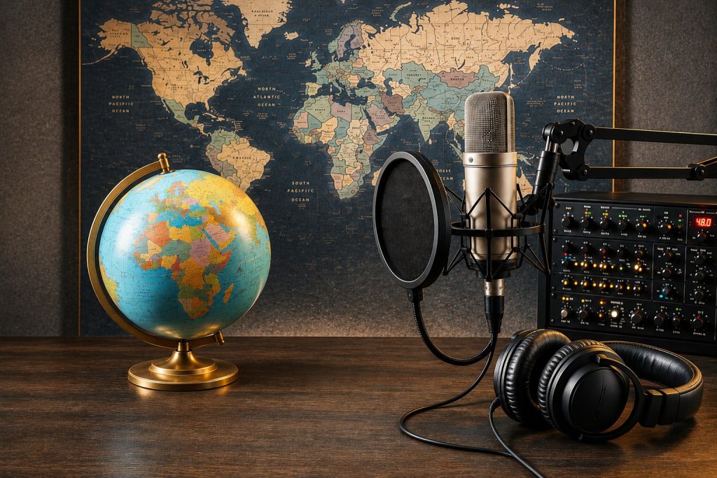 Microphone, headphones and recording equipment with a globe and world map representing international voice-over localization