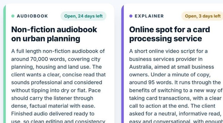 Screenshot of live client briefs on The Voice Realm casting board, including an audiobook client asking for a clear, concise read that sounds professional. Image: The Voice Realm