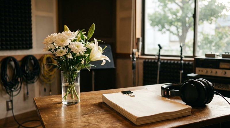 White chrysanthemums and lilies in a glass vase on a wooden desk in a quiet recording studio, beside a closed script and a pair of headphones. © The Voice Realm