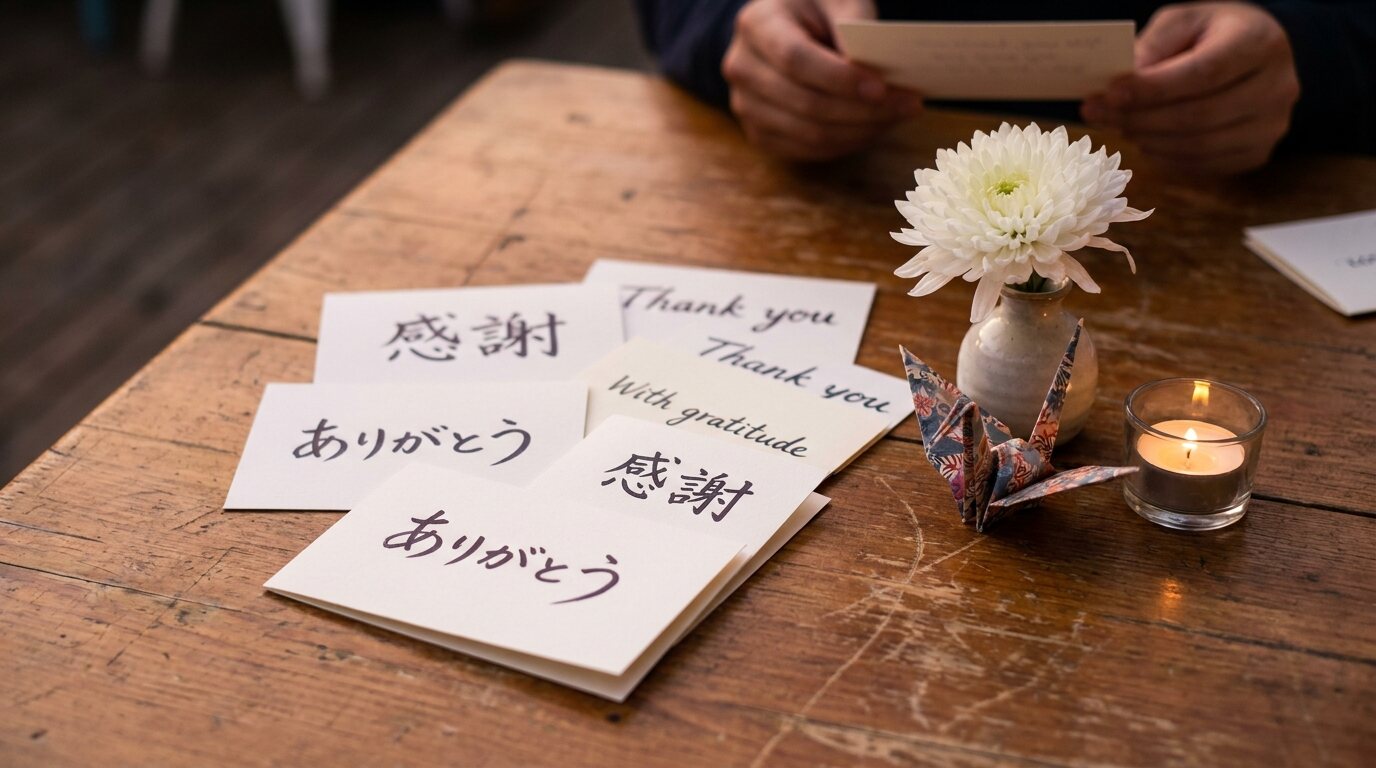 Handwritten thank-you cards in Japanese and English on a wooden table beside a white chrysanthemum, a paper crane and a lit candle. © The Voice Realm