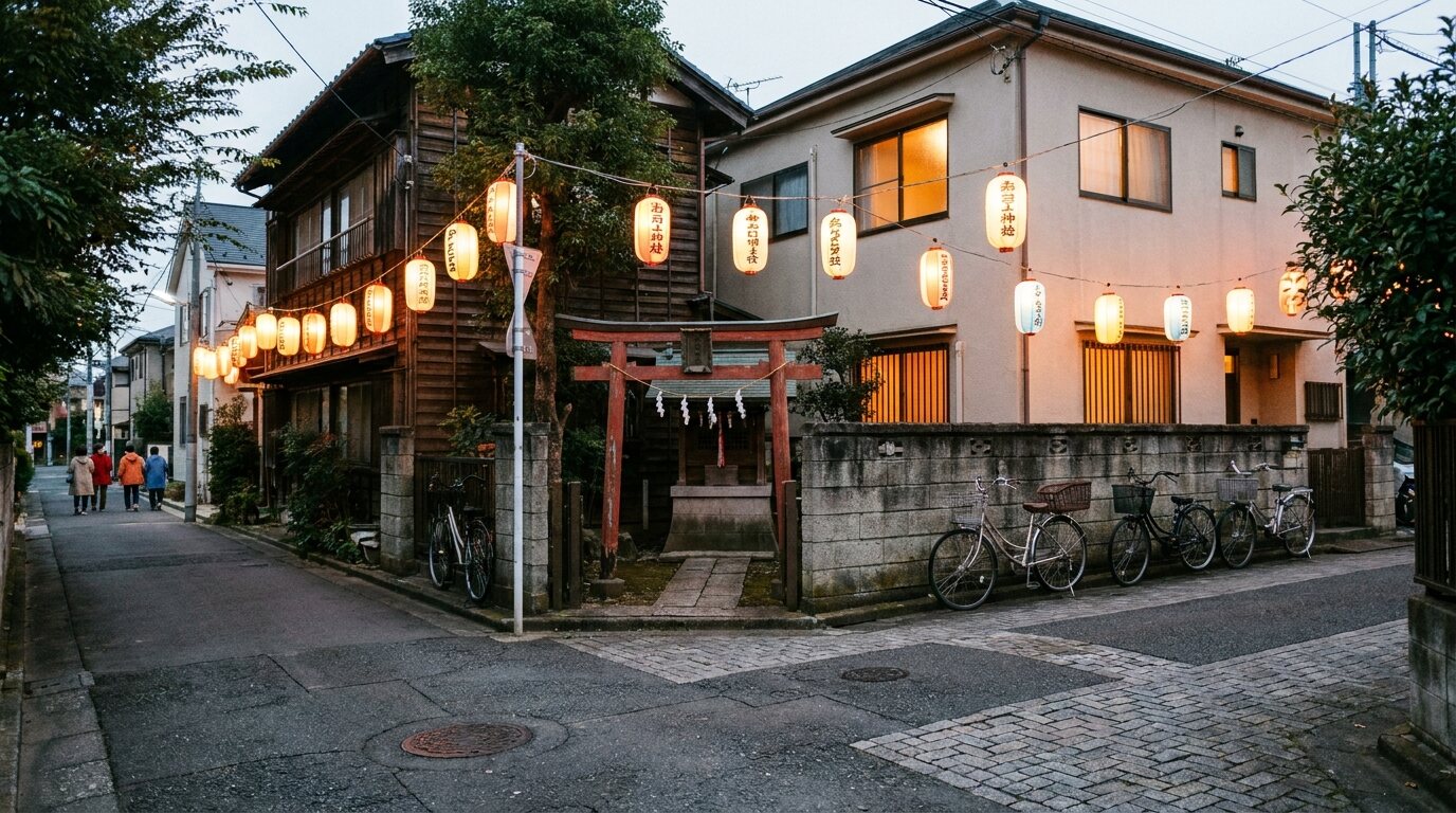 A quiet residential street in Saitama on an autumn evening, paper lanterns strung between houses beside a small red shrine gate. © The Voice Realm