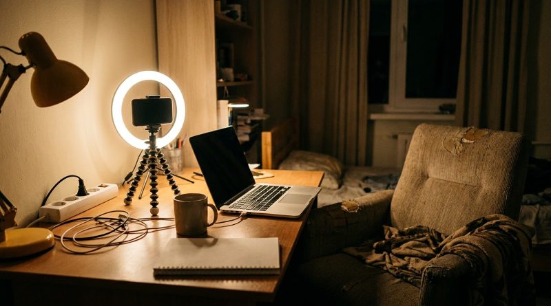 A small home streaming corner at night, with a ring light, a phone on a tripod and an open laptop on a wooden desk