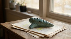 A glazed ceramic ocarina resting on a stack of script pages with a few lines highlighted in yellow, on a wooden table by a window in soft afternoon light