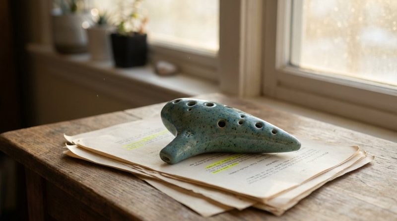 A glazed ceramic ocarina resting on a stack of script pages with a few lines highlighted in yellow, on a wooden table by a window in soft afternoon light