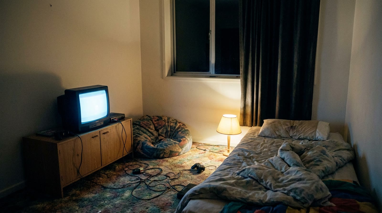 A 1990s bedroom at night with a boxy cathode ray television glowing beside a beanbag and tangled controller cables