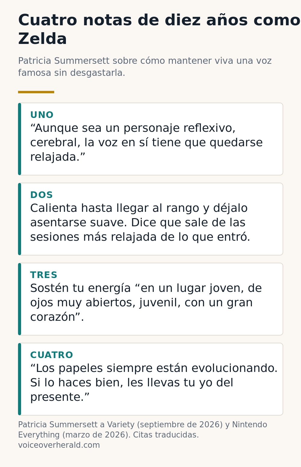Infografía: cuatro notas de diez años como Zelda, de Patricia Summersett: mantener la voz relajada, calentar hasta el rango, sostener la energía joven y de gran corazón, llevar tu yo del presente