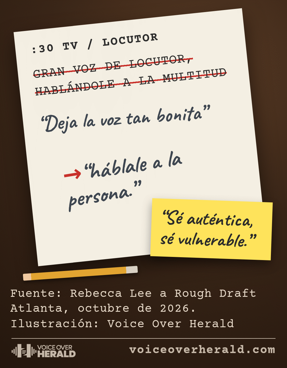 Ilustración de un guion comercial sobre un escritorio de estudio: la línea gran voz de locutor, hablándole a la multitud está tachada en rojo, con las notas de Rebecca Lee escritas a lápiz: deja la voz tan bonita, háblale a la persona, y en una nota adhesiva amarilla, sé auténtica, sé vulnerable. Ilustración: Voice Over Herald