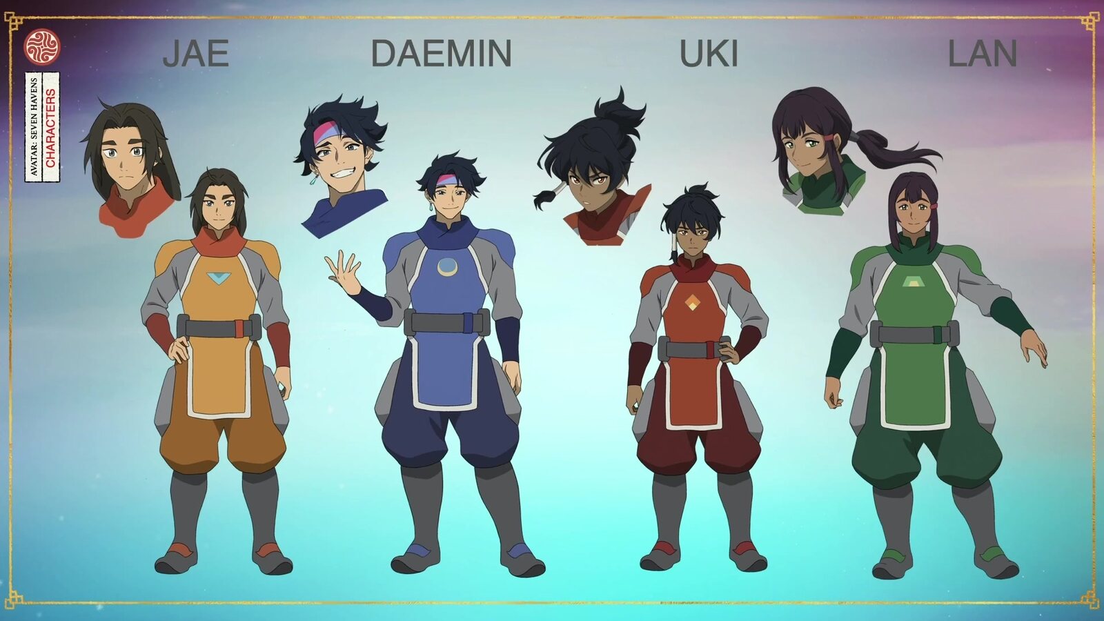 Character model sheet for Avatar: Seven Havens showing Jae beside Daemin, Uki and Lan, shown at the New York Comic Con panel. Image: Paramount+ and Avatar Legends