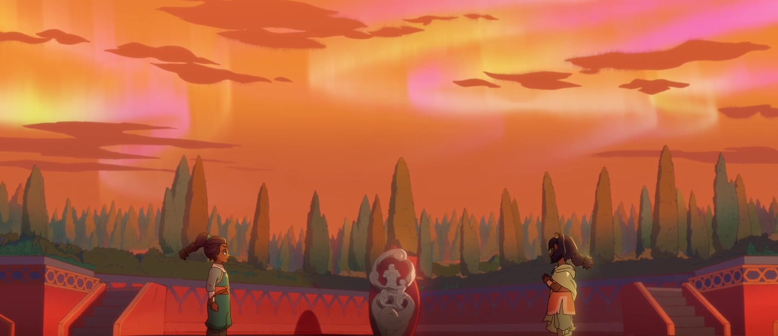 Una escena amplia del avance oficial de Avatar: Seven Havens bajo un cielo naranja con aurora. Imagen: Paramount+ y Avatar Legends