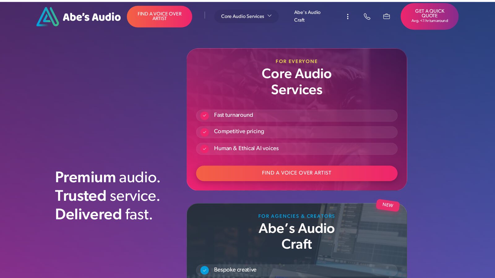 Captura de la página principal de Abe's Audio el 21 de octubre de 2026: Premium audio. Trusted service. Delivered fast., junto a una tarjeta de servicios Core con entrega rápida, precios competitivos y voces humanas y de IA ética, y debajo una nueva tarjeta de Abe's Audio Craft. Imagen: Abe's Audio
