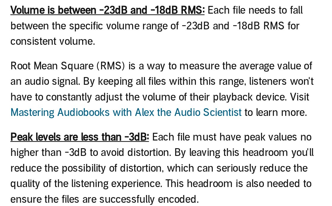 ACX's audio submission requirements: volume between -23dB and -18dB RMS, and peak levels no higher than -3dB to avoid distortion. Image: ACX
