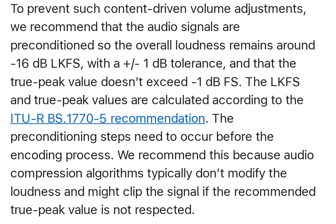 Apple Podcasts audio requirements recommending overall loudness around -16 dB LKFS with a plus or minus 1 dB tolerance and true peak no higher than -1 dB FS, calculated to ITU-R BS.1770-5. Image: Apple