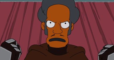 Apu, unmasked in a monk's robe, glares at Springfield in The Simpsons episode The Revengening. Image: 20th Television Animation / Fox