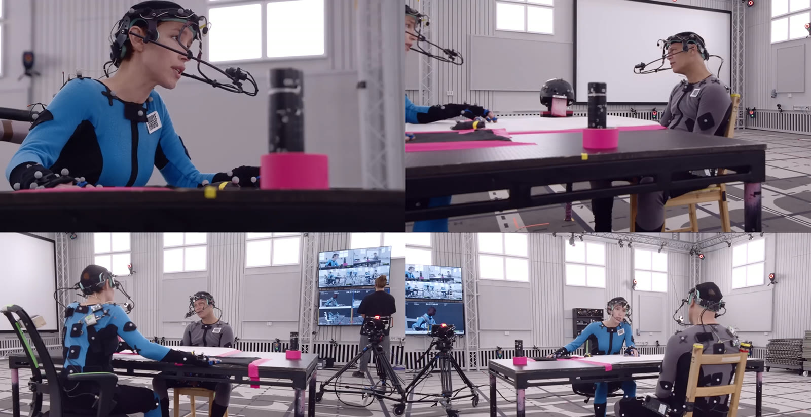 Performers in motion capture suits and head-mounted face cameras rehearse a seated scene for ARC Raiders on a capture stage. Image: Embark Studios