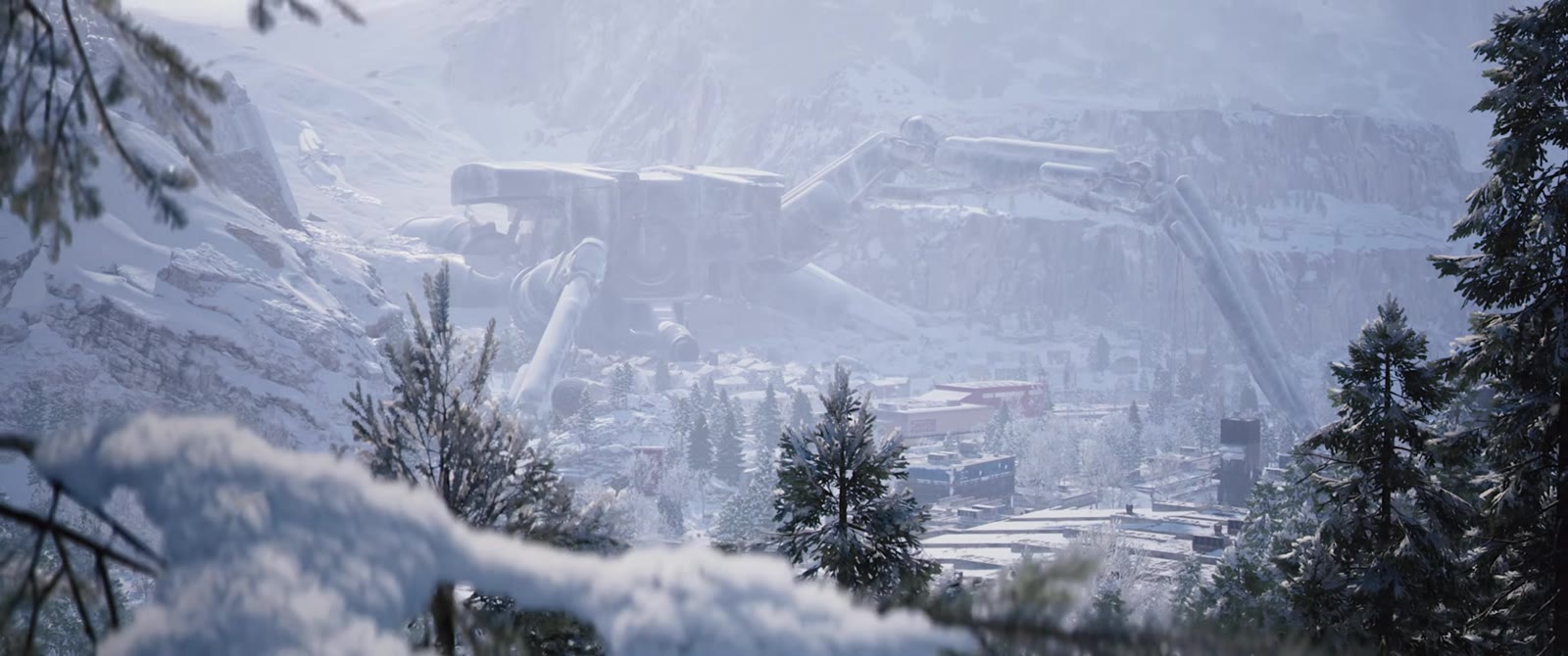 Snowy valley and ruined buildings from the ARC Raiders Frozen Trail trailer. Image: Embark Studios