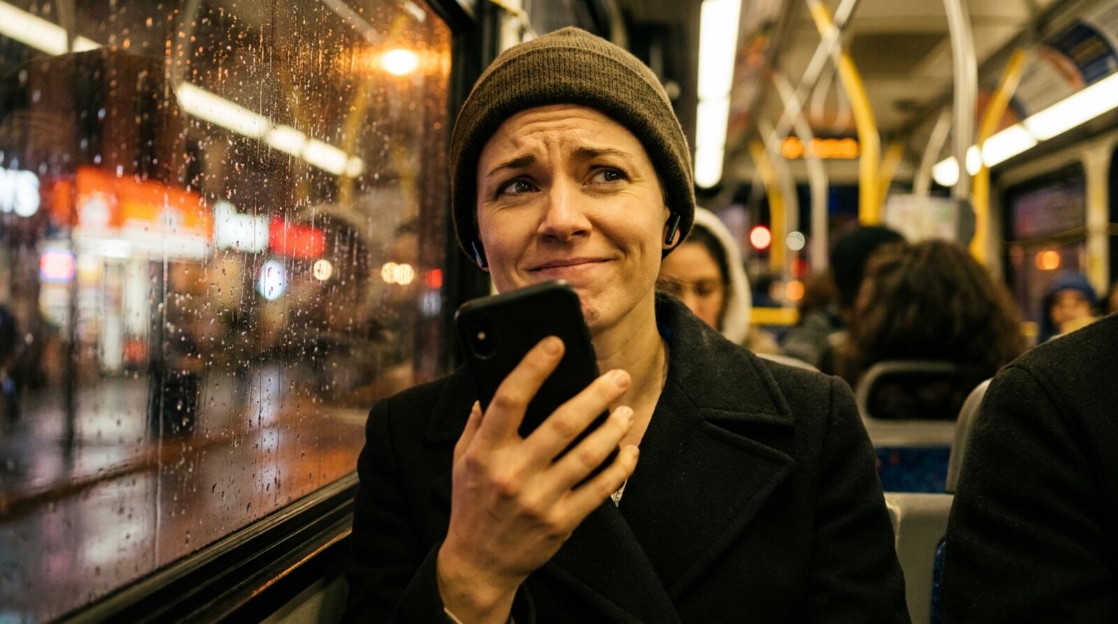 A woman on a city bus at night, wearing earbuds, speaks to her phone with a wary half smile, rain on the window beside her © Voice Over Herald