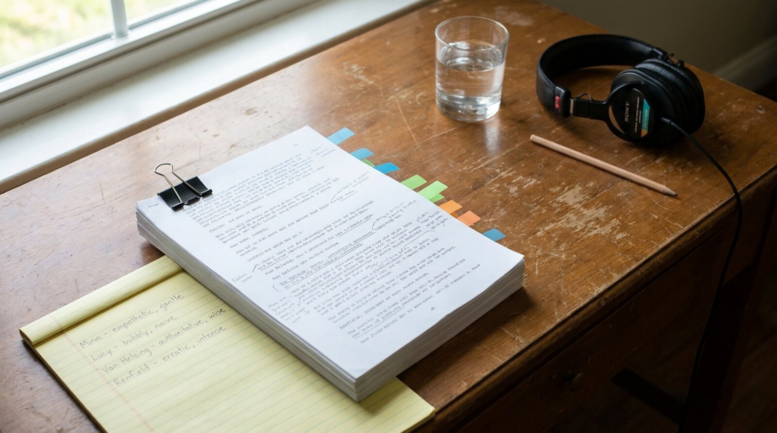 A narrator's desk by a window: a marked-up manuscript with coloured tabs, a legal pad listing Mina, Lucy, Van Helsing and Renfield with voice notes, headphones and a glass of water © Voice Over Herald