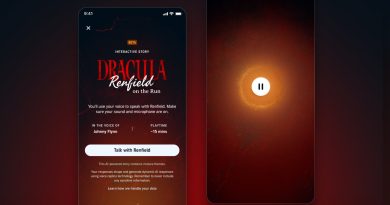 Pantalla de inicio de Interactive Story de Audible para Drácula, titulada Renfield on the Run, con la etiqueta In the voice of Johnny Flynn, un botón Talk with Renfield y una vela. Imagen: Audible