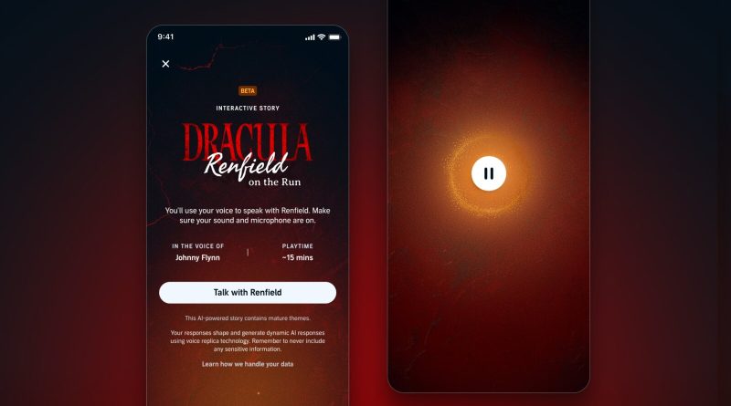 Audible's Interactive Story launch screen for Dracula, titled Renfield on the Run, reading In the voice of Johnny Flynn, with a Talk with Renfield button and a candle. Image: Audible
