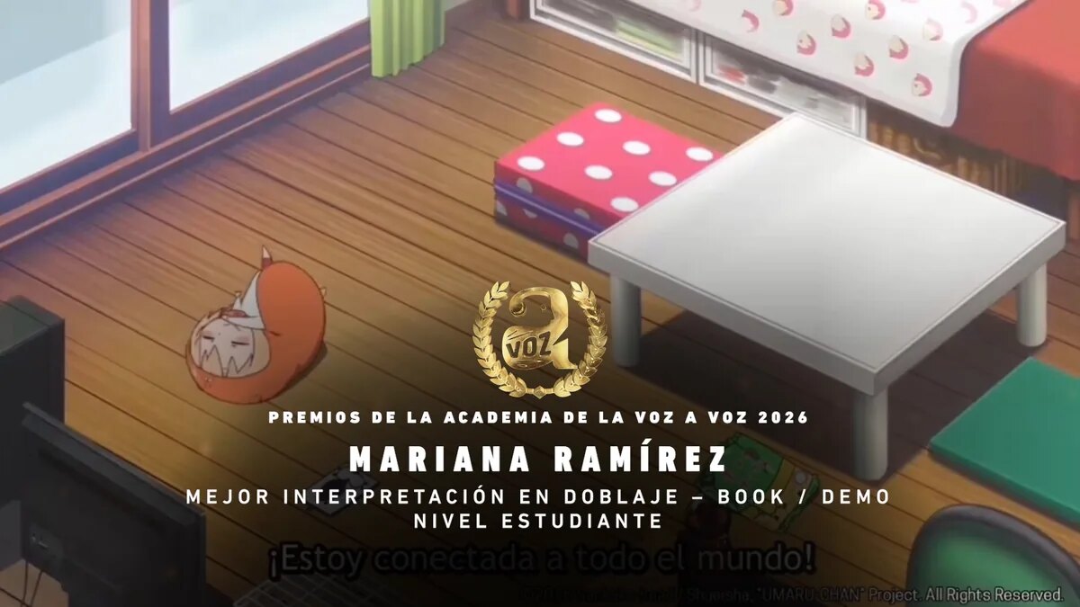 Official Premios A Voz 2026 winner card for Mariana Ramírez, Best Dubbing Performance, Book or Demo, student level, over a still from her dubbing demo. Image: Academia de la Voz A Voz