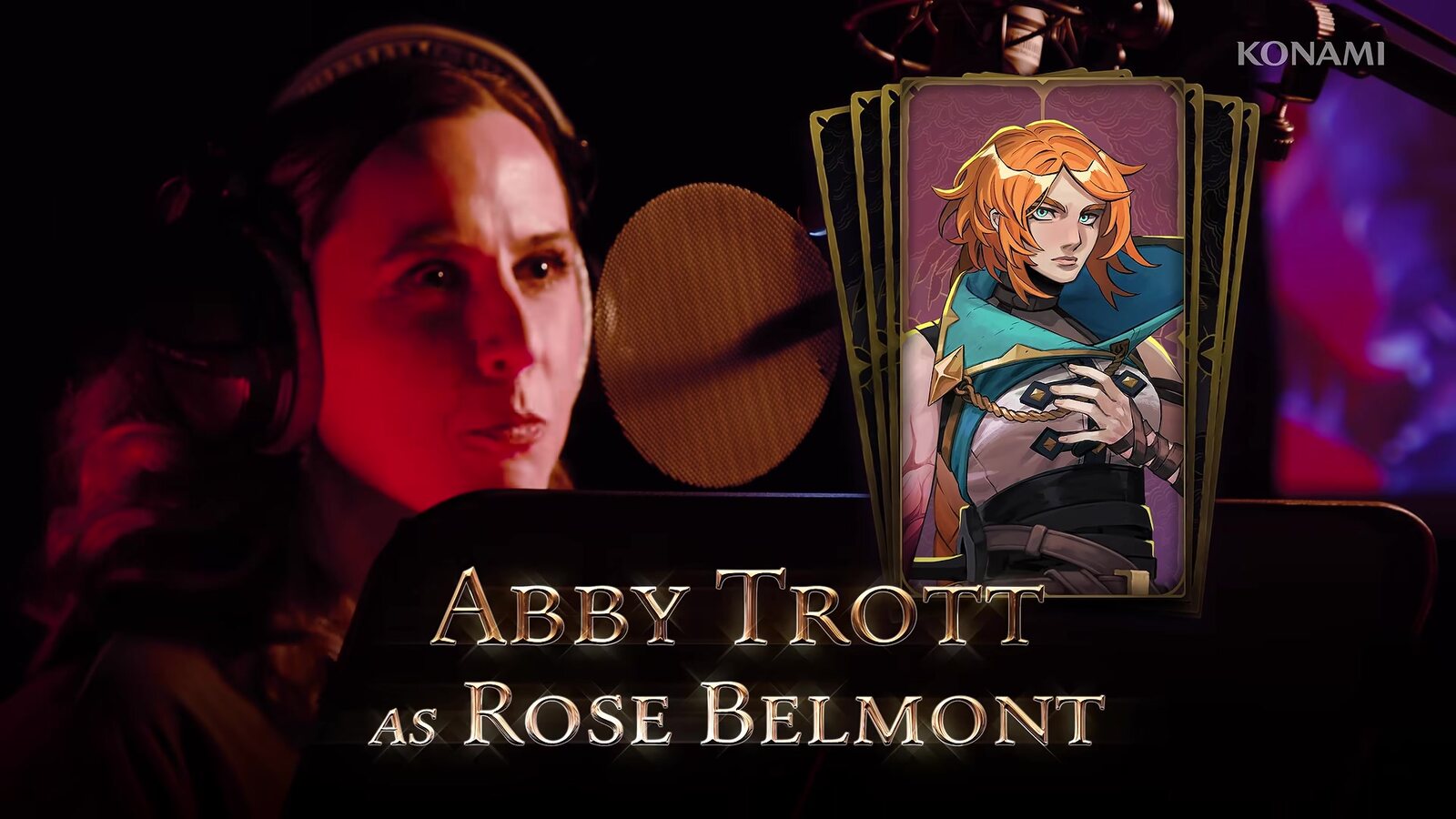 Abby Trott, que pone la voz de Rose Belmont, en una cabina de grabación junto a la carta del personaje, del avance del reparto en inglés de Konami. Imagen: Konami