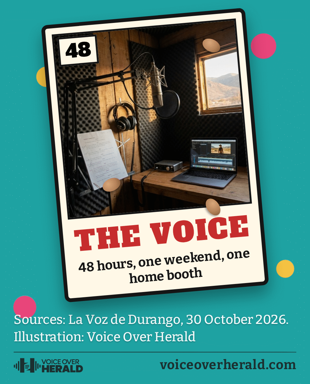 Illustration of a loteria card numbered 48 on a flowered oilcloth, showing an empty home dubbing booth with a microphone, headphones, a script and a laptop, mountains through the window, titled The Voice: 48 hours, one weekend, one home booth. Illustration: Voice Over Herald
