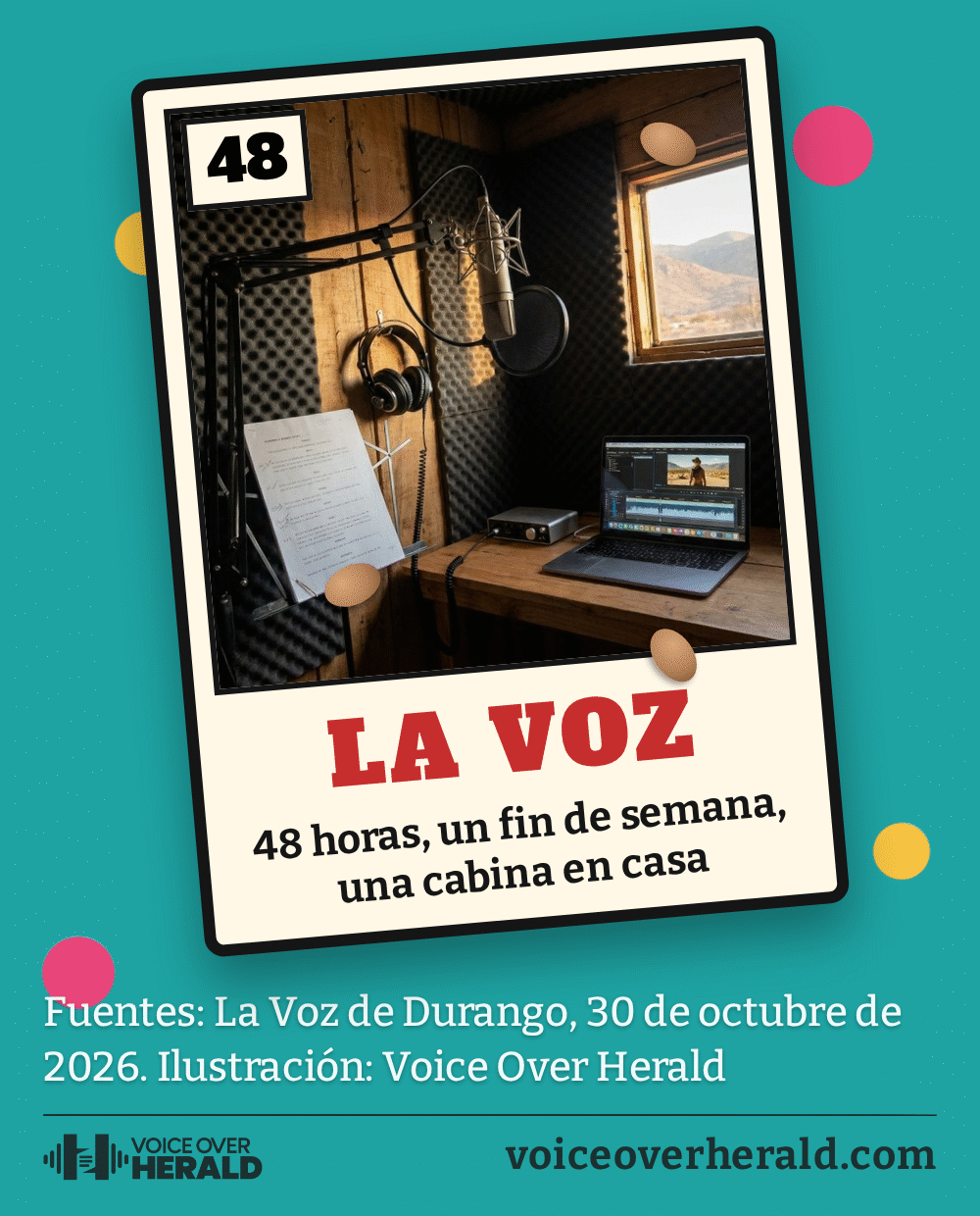 Ilustración de una carta de lotería con el número 48 sobre un mantel de hule floreado, con una cabina de doblaje casera vacía, micrófono, audífonos, guion y laptop, y la sierra por la ventana, titulada La Voz: 48 horas, un fin de semana, una cabina en casa. Ilustración: Voice Over Herald