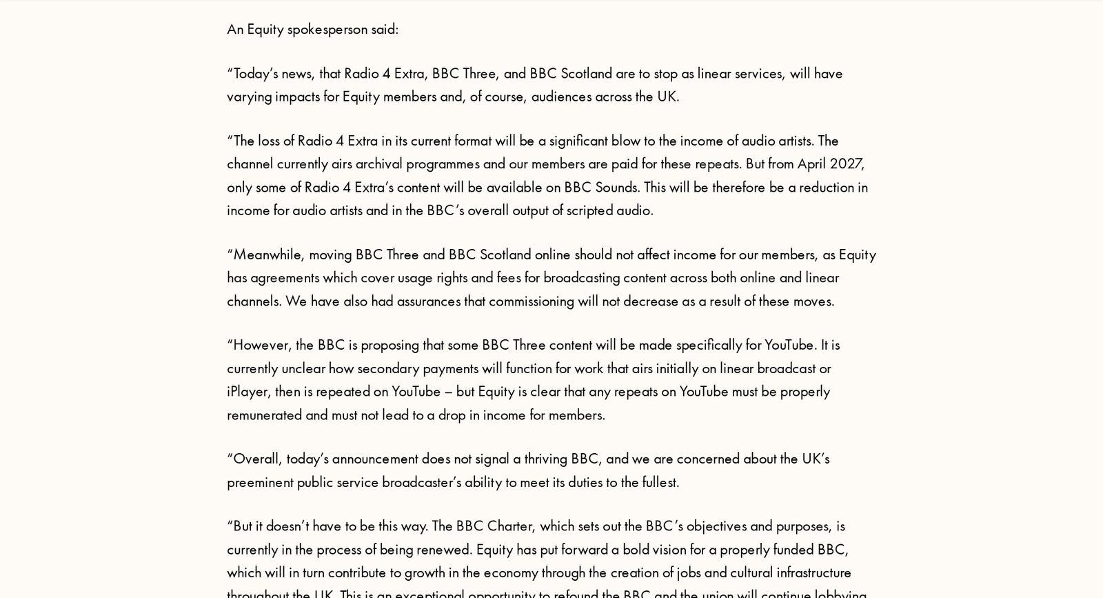 Screenshot of Equity's statement of October 20, 2026, saying the loss of Radio 4 Extra in its current format will be a significant blow to the income of audio artists, because members are paid for its archive repeats and only some of its content will be on BBC Sounds from April 2027. Image: Equity