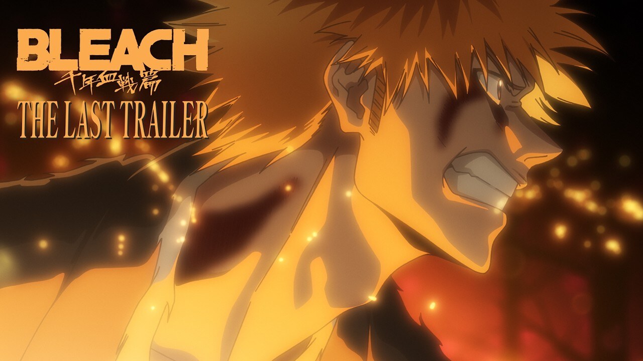 Ichigo Kurosaki, teeth gritted and lit by orange embers, in the Bleach Thousand-Year Blood War The Last Trailer title card. Image: © Tite Kubo/Shueisha, TV Tokyo, dentsu, Pierrot, via BLEACH official YouTube channel