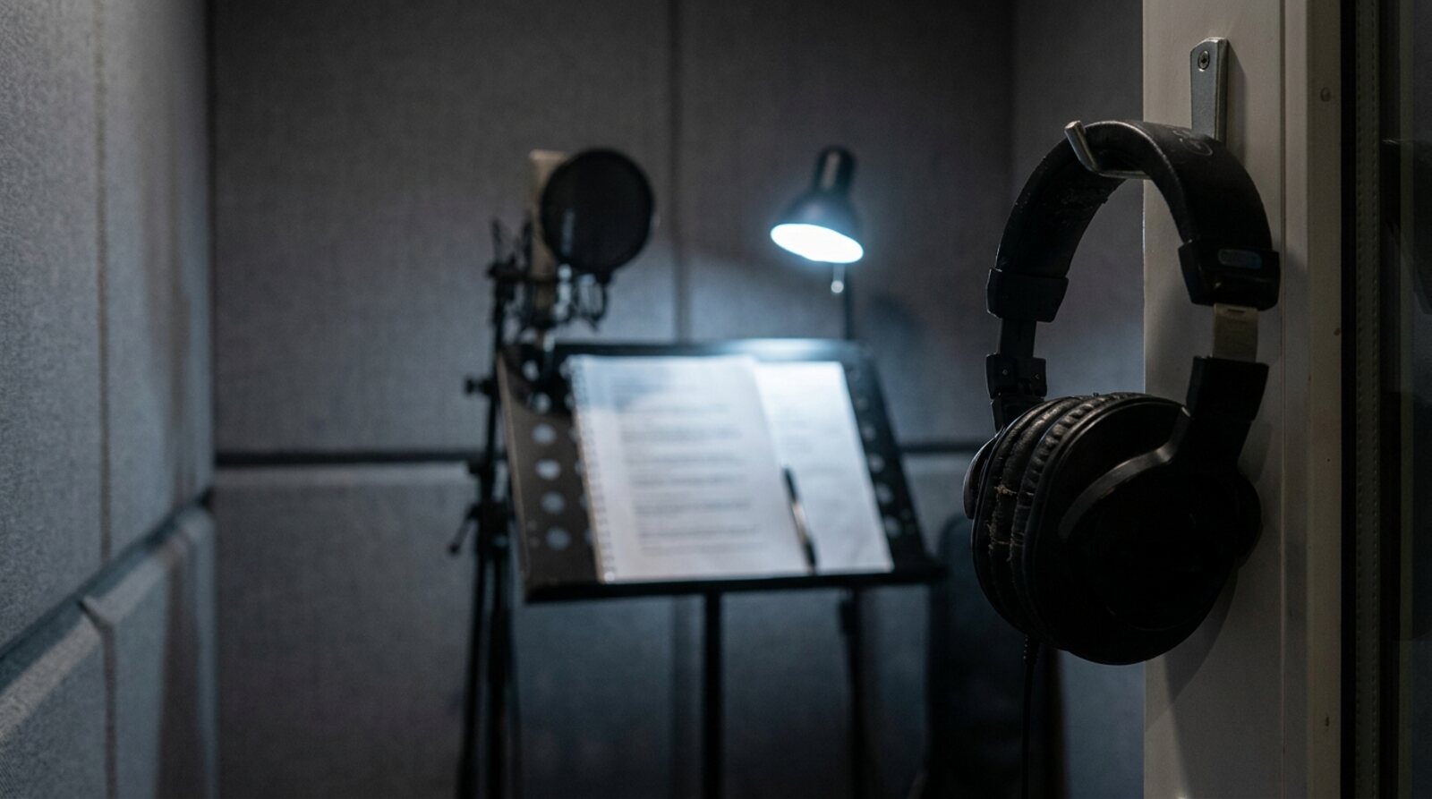 An empty voice over booth seen from the doorway, headphones hanging on a hook in the foreground and a stapled document waiting on the music stand in front of the microphone. © Voice Over Herald