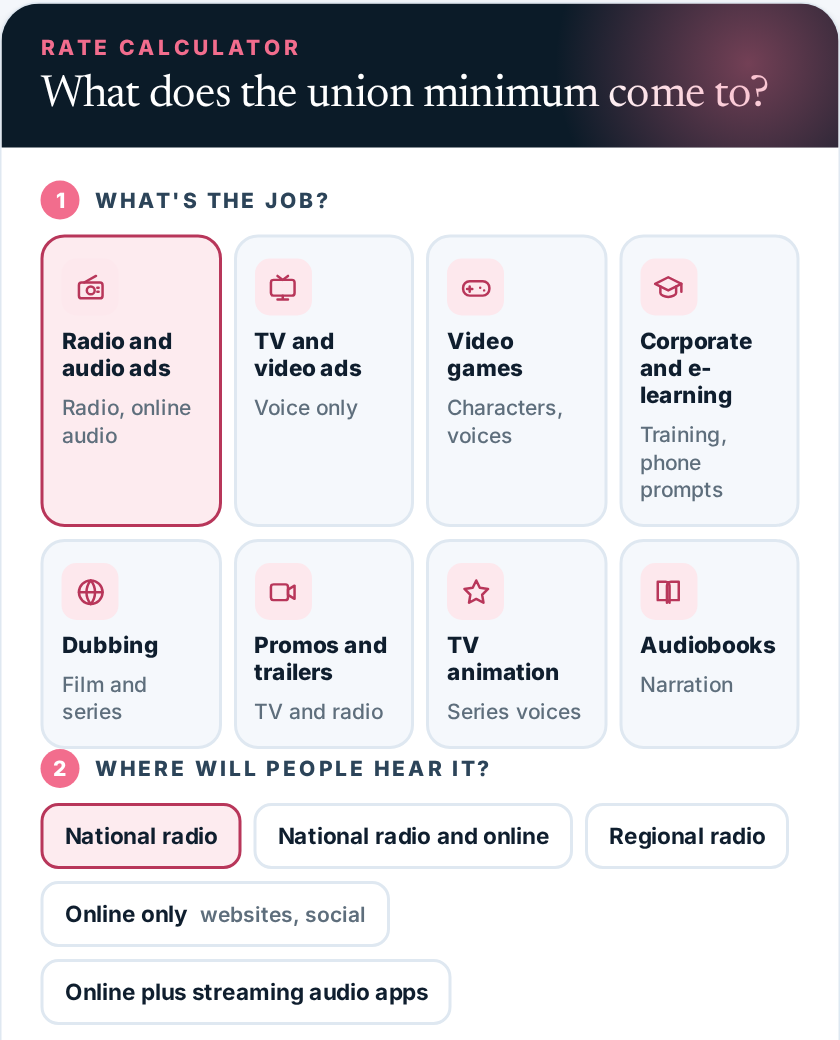 Screenshot of The Voice Realm SAG-AFTRA rate calculator: eight job types to choose from, with radio and audio ads selected and the question Where will people hear it.