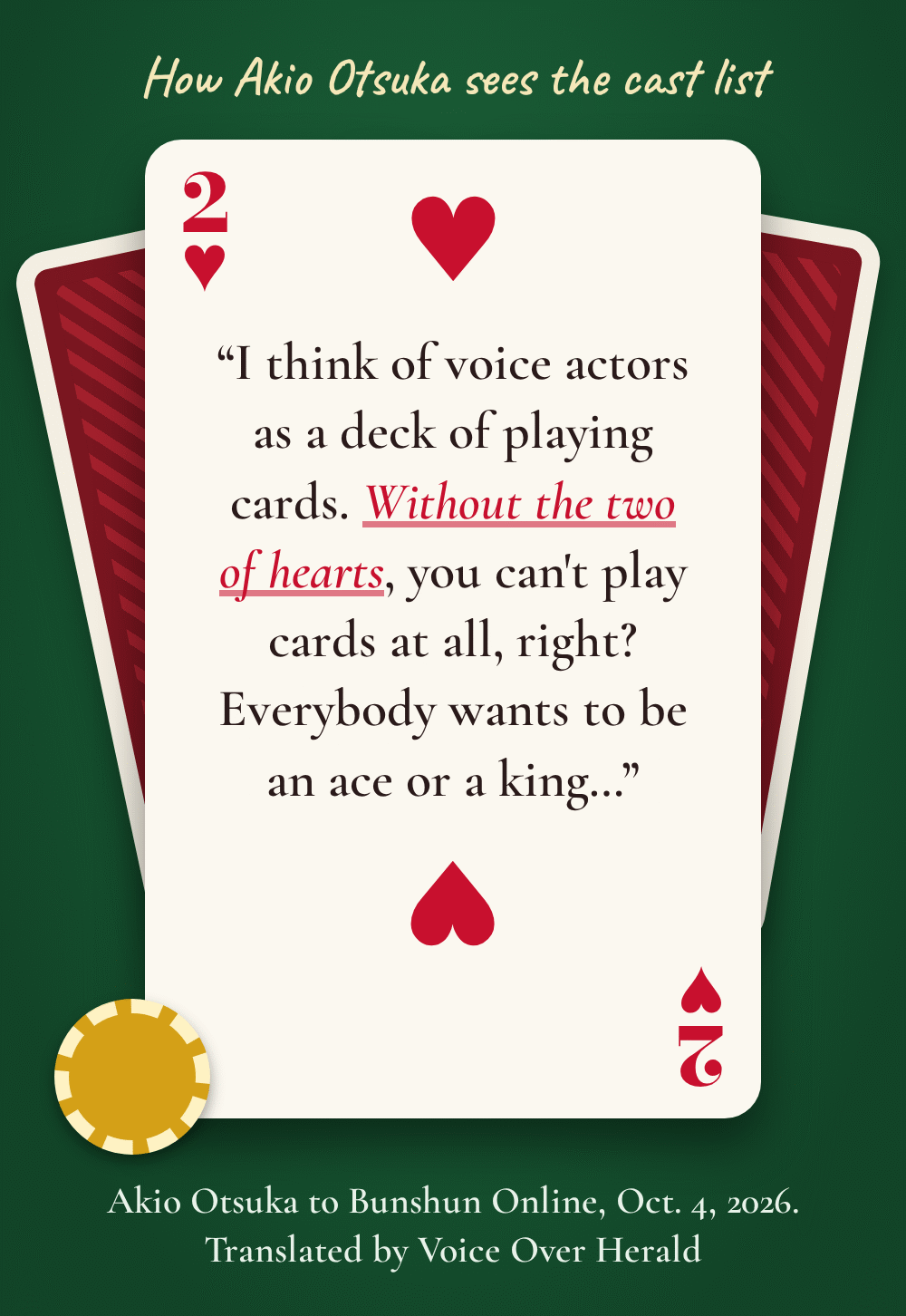 Graphic of a two of hearts playing card on a green card table, carrying Akio Otsuka's words: I think of voice actors as a deck of playing cards. Without the two of hearts, you can't play cards at all, right? Everybody wants to be an ace or a king